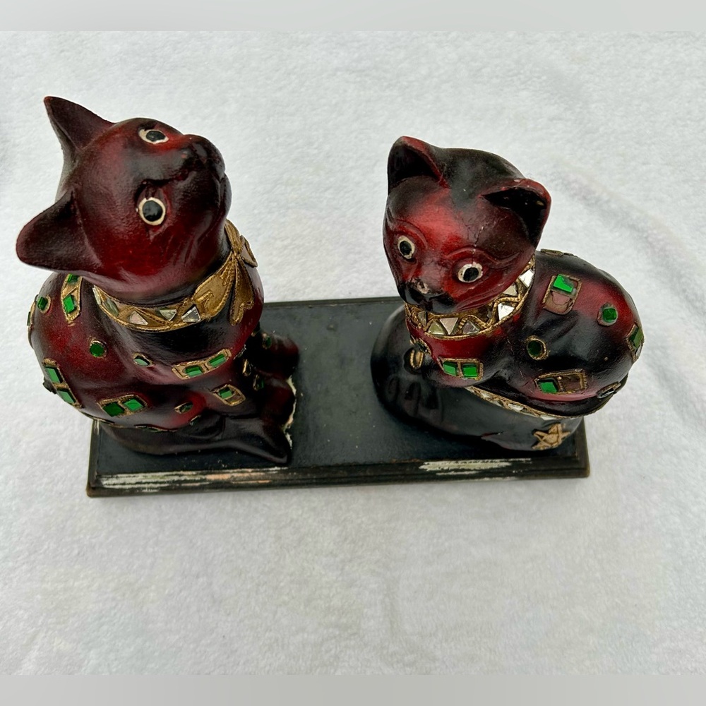 Vintage Indonesian Cat Kitty Double Statue Figure Hand Carved  Wooden Folk Art